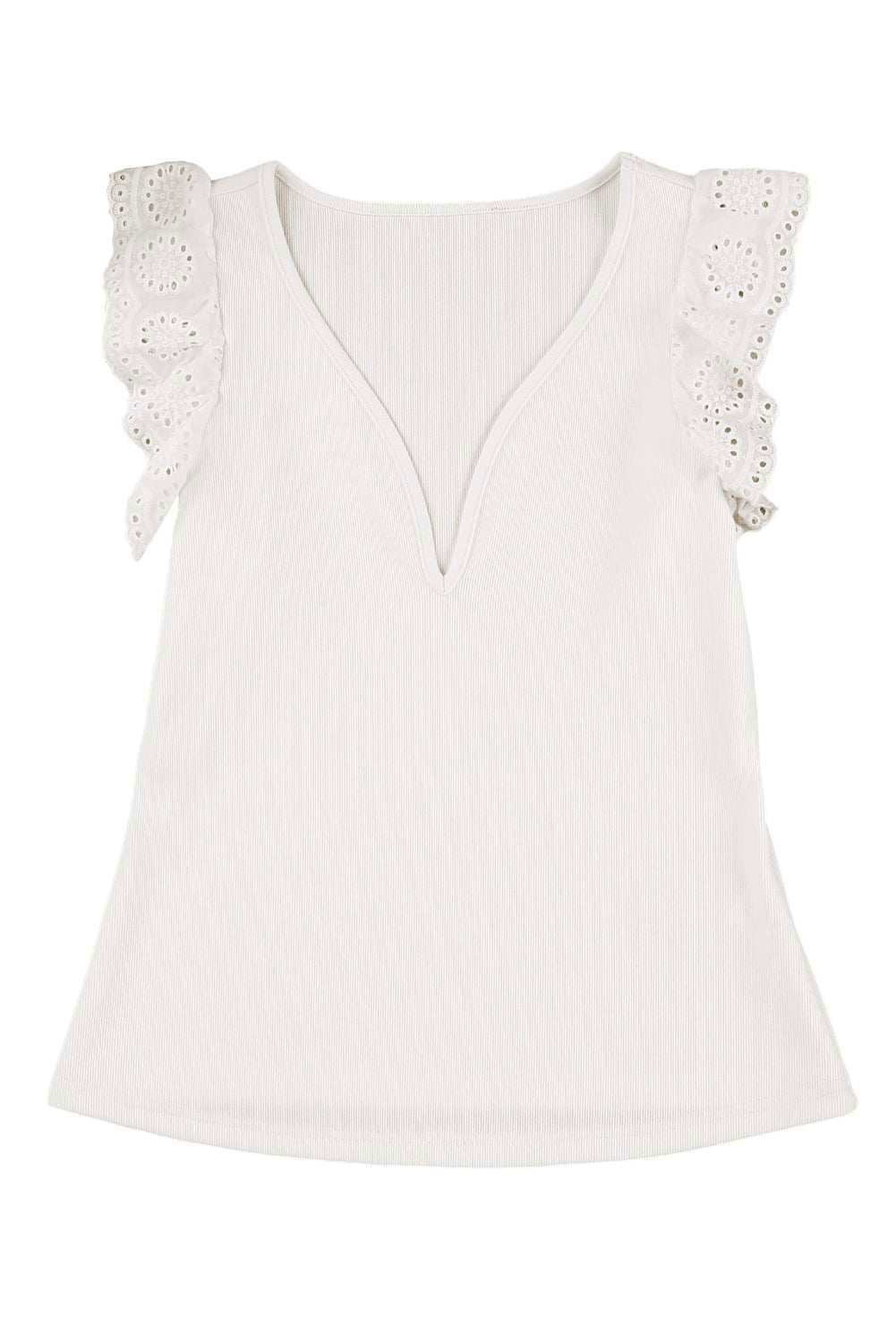 White V Neck Flutter Shoulder Ribbed Knit Top 