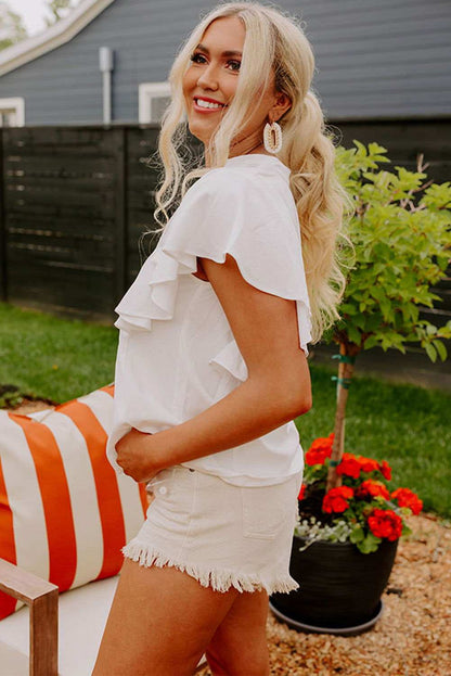 White V Neck Pleated Front Ruffled Sleeve Blouse 