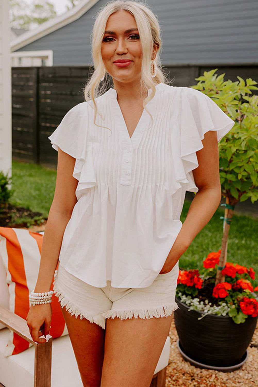 White V Neck Pleated Front Ruffled Sleeve Blouse 