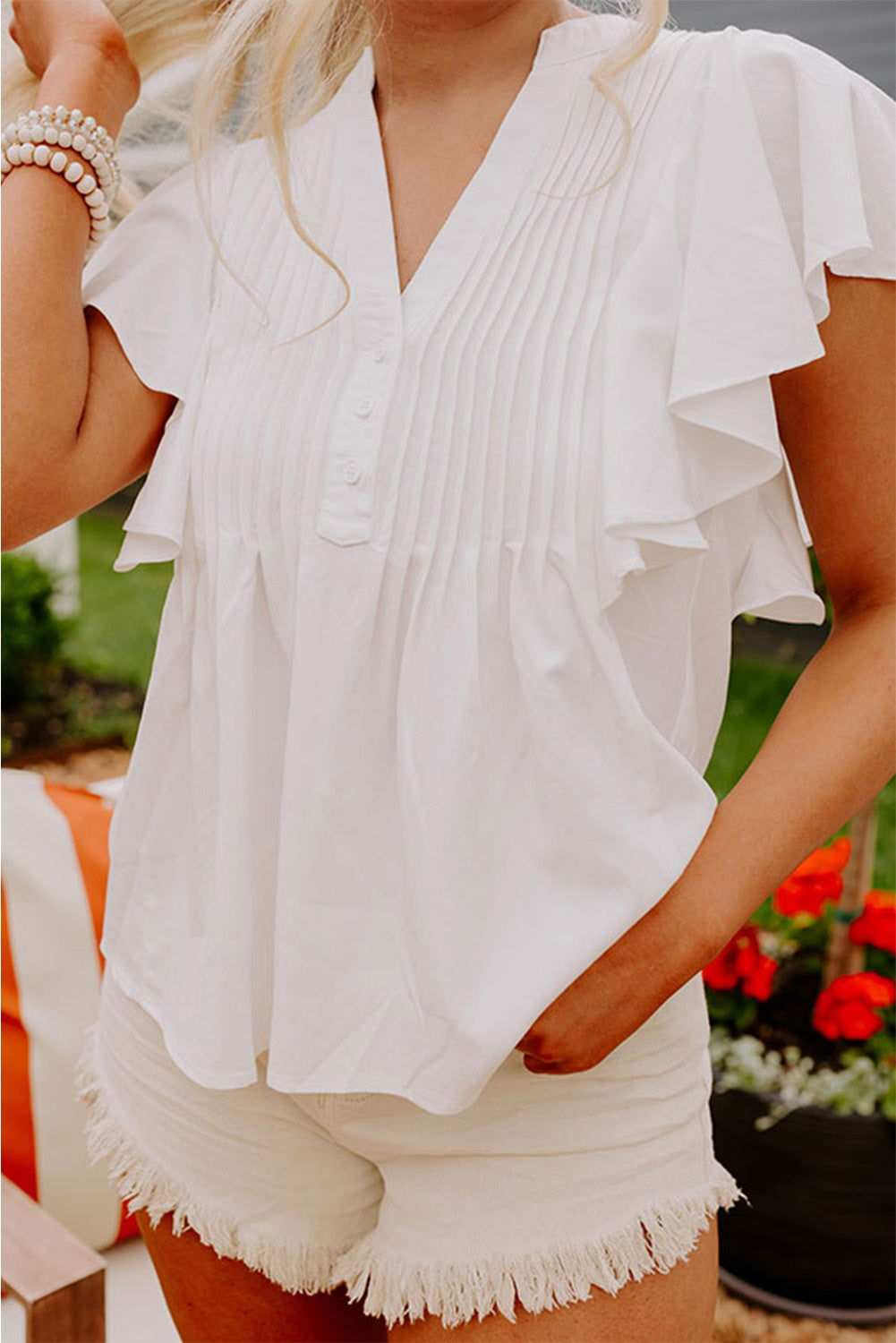 White V Neck Pleated Front Ruffled Sleeve Blouse 