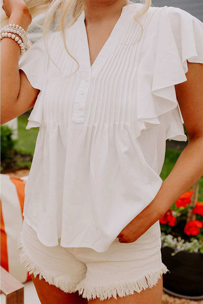 White V Neck Pleated Front Ruffled Sleeve Blouse 