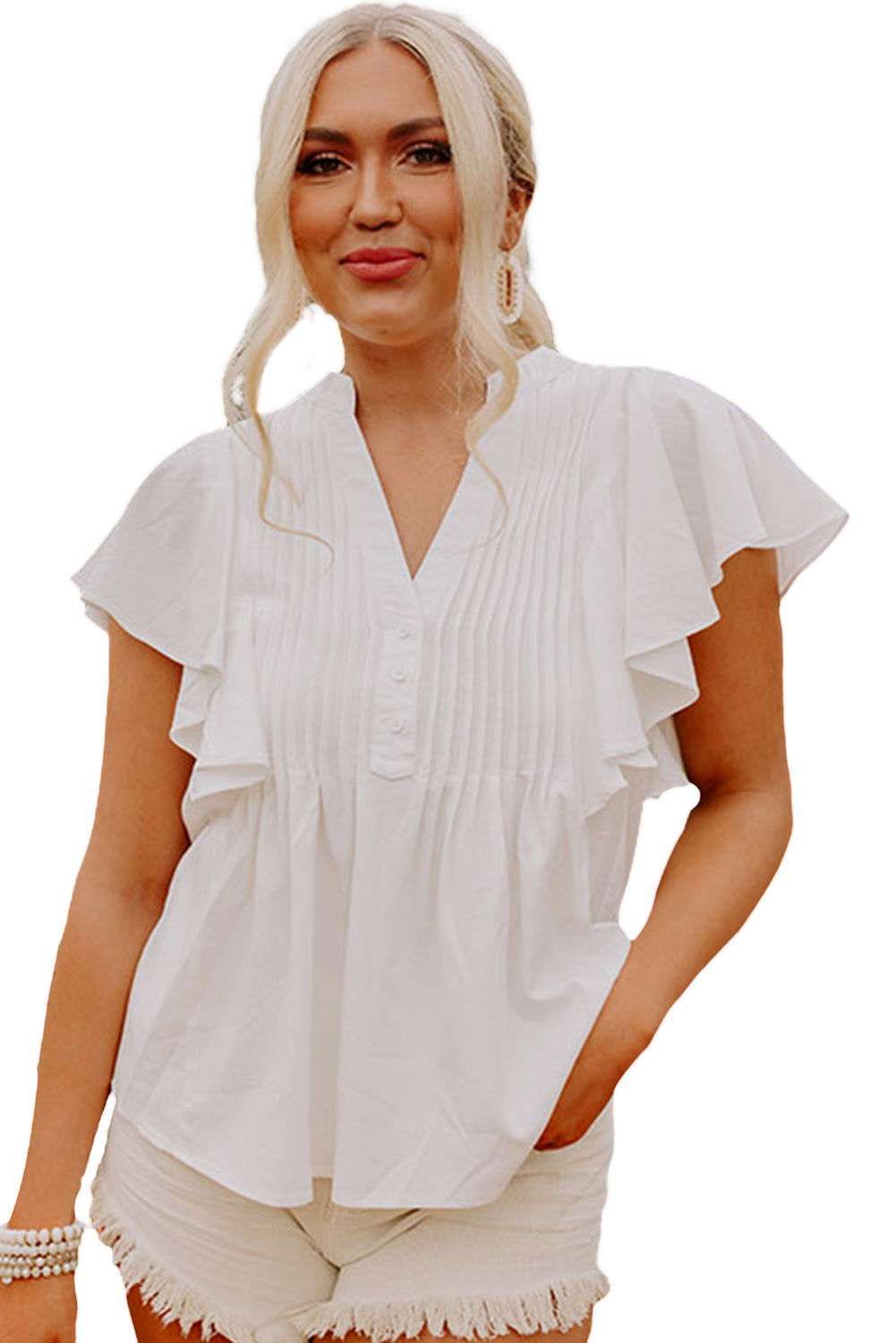 White V Neck Pleated Front Ruffled Sleeve Blouse 