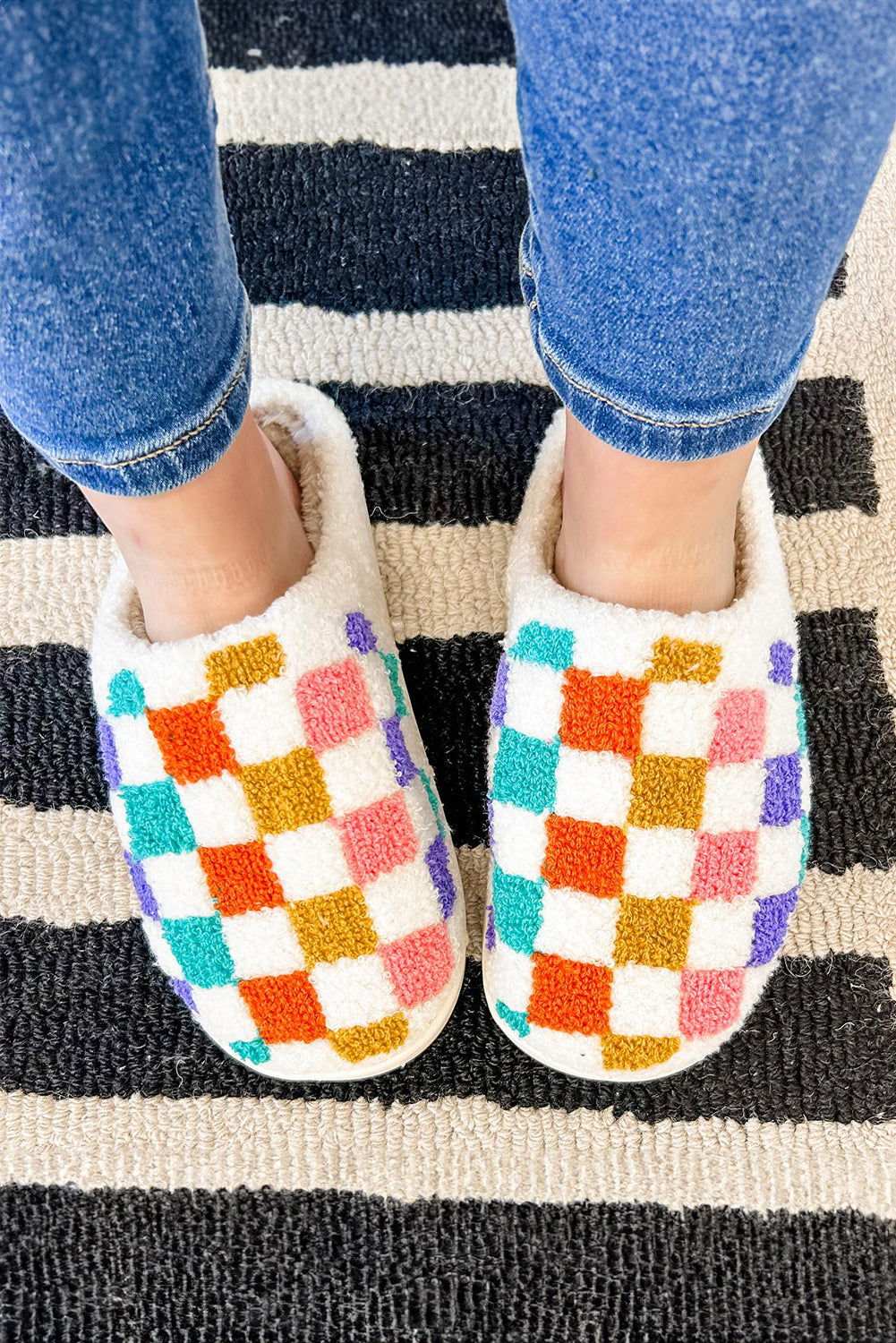 White Vibrant Checkered Plush Thermal Slippers 