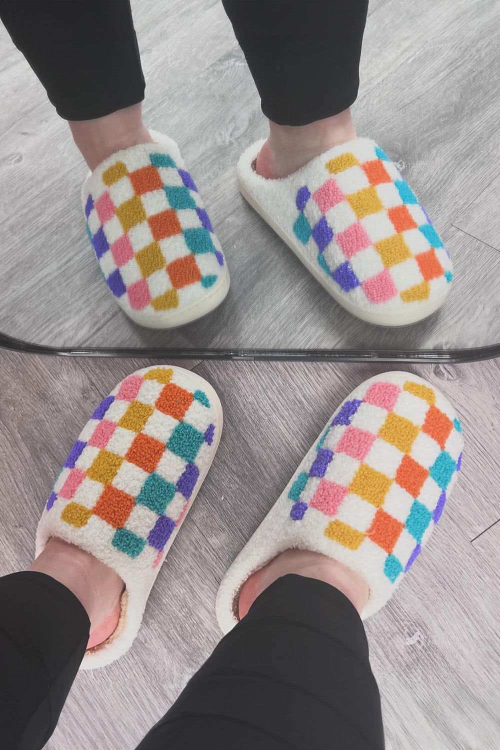 White Vibrant Checkered Plush Thermal Slippers 