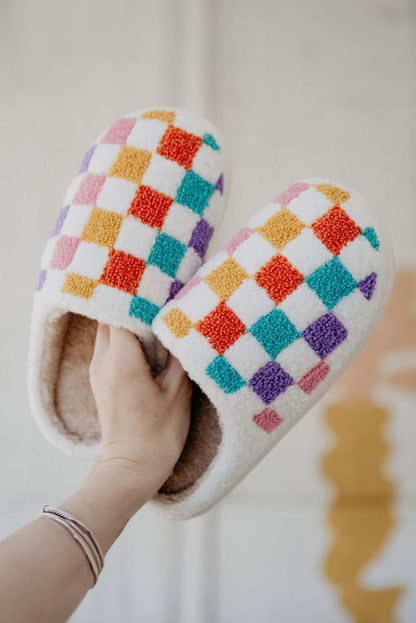 White Vibrant Checkered Plush Thermal Slippers 