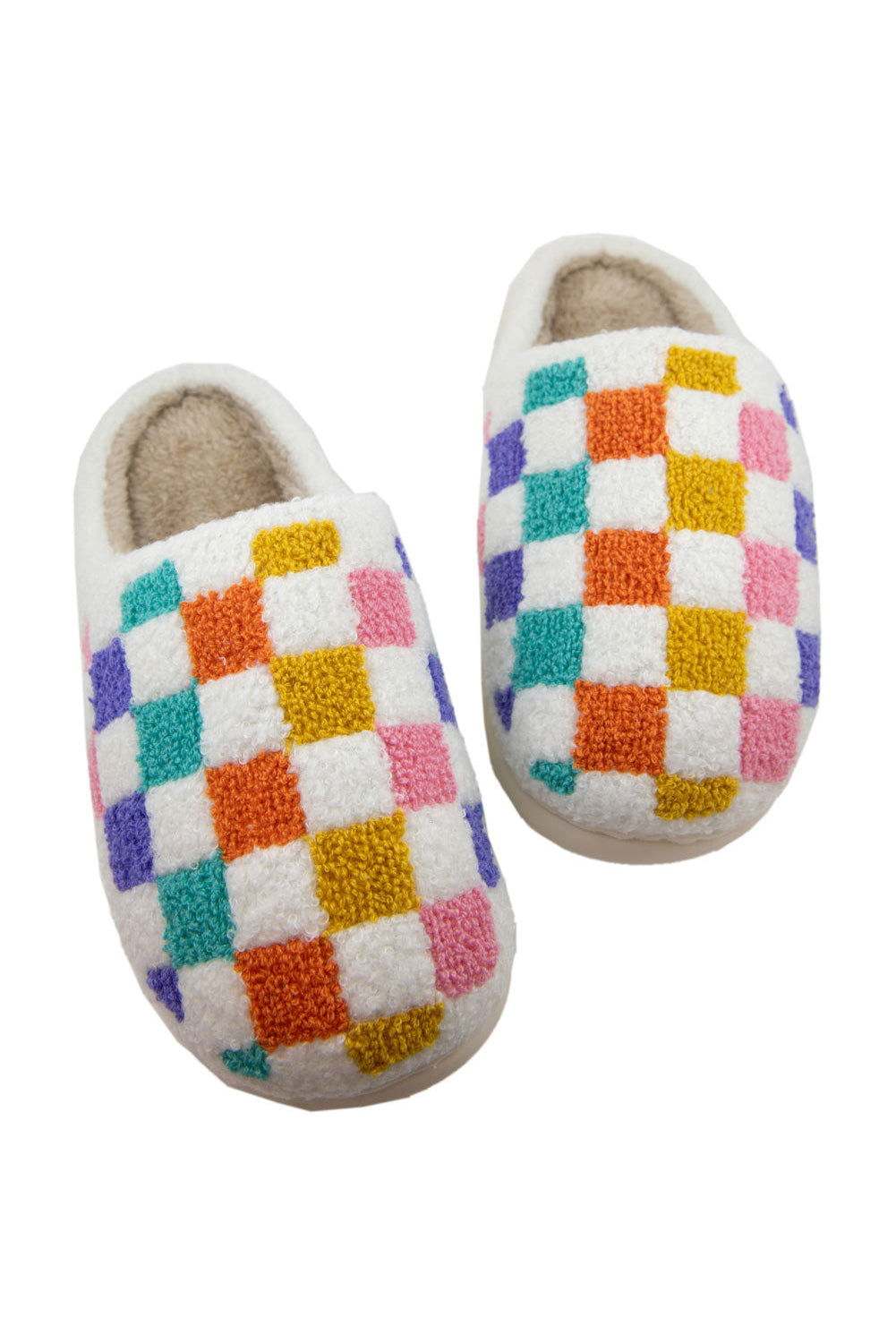 White Vibrant Checkered Plush Thermal Slippers 