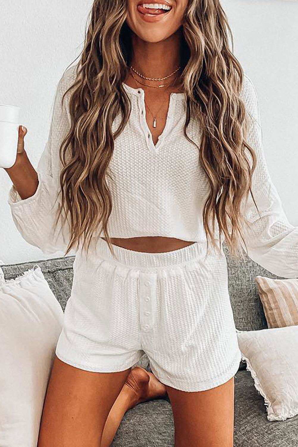 White Waffle Knit Buttoned Long Sleeve Crop & Shorts Lounge Set 