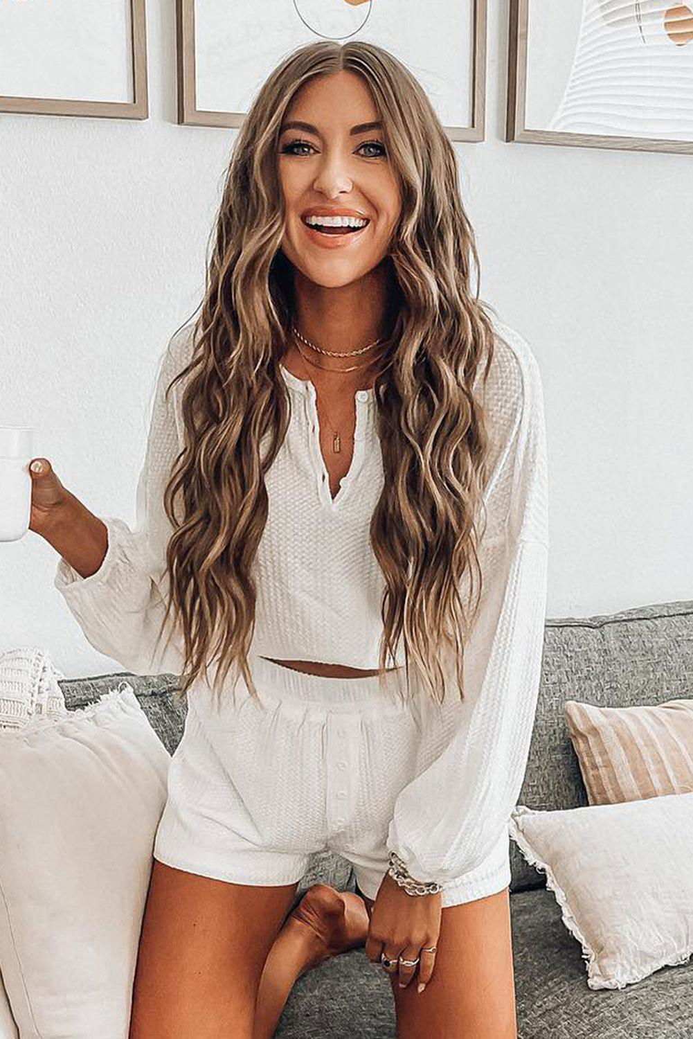 White Waffle Knit Buttoned Long Sleeve Crop & Shorts Lounge Set 