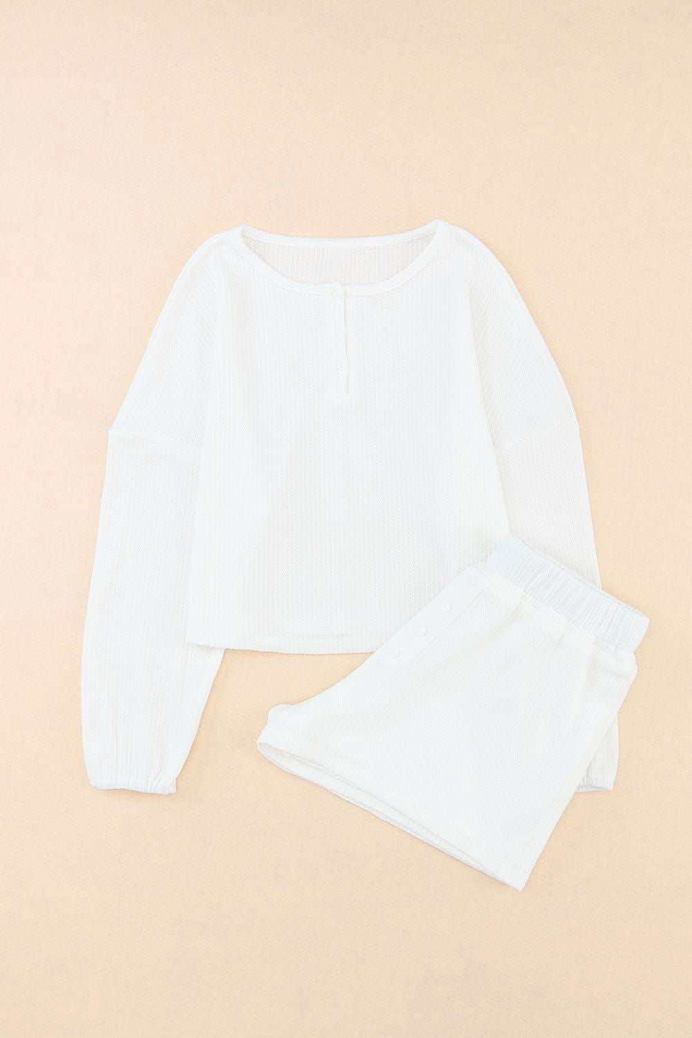 White Waffle Knit Buttoned Long Sleeve Crop & Shorts Lounge Set 