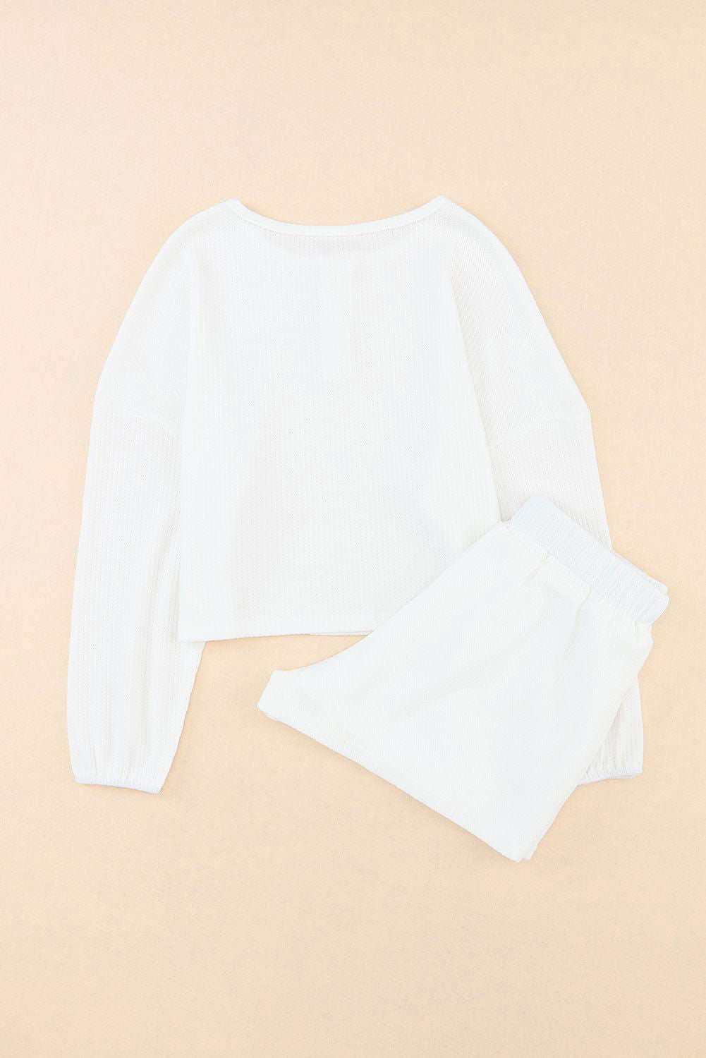 White Waffle Knit Buttoned Long Sleeve Crop & Shorts Lounge Set 