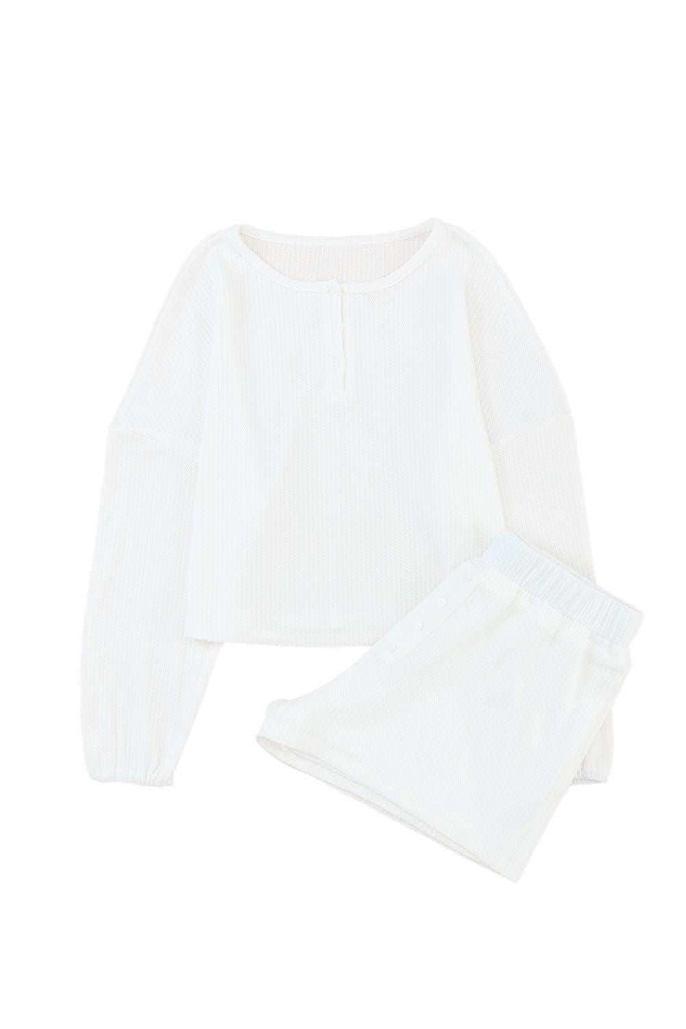 White Waffle Knit Buttoned Long Sleeve Crop & Shorts Lounge Set 