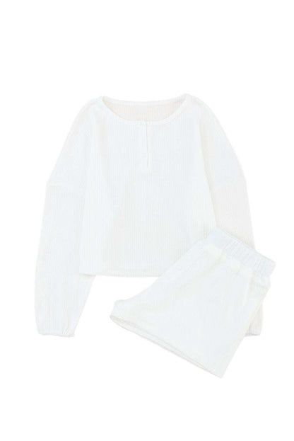 White Waffle Knit Buttoned Long Sleeve Crop & Shorts Lounge Set 