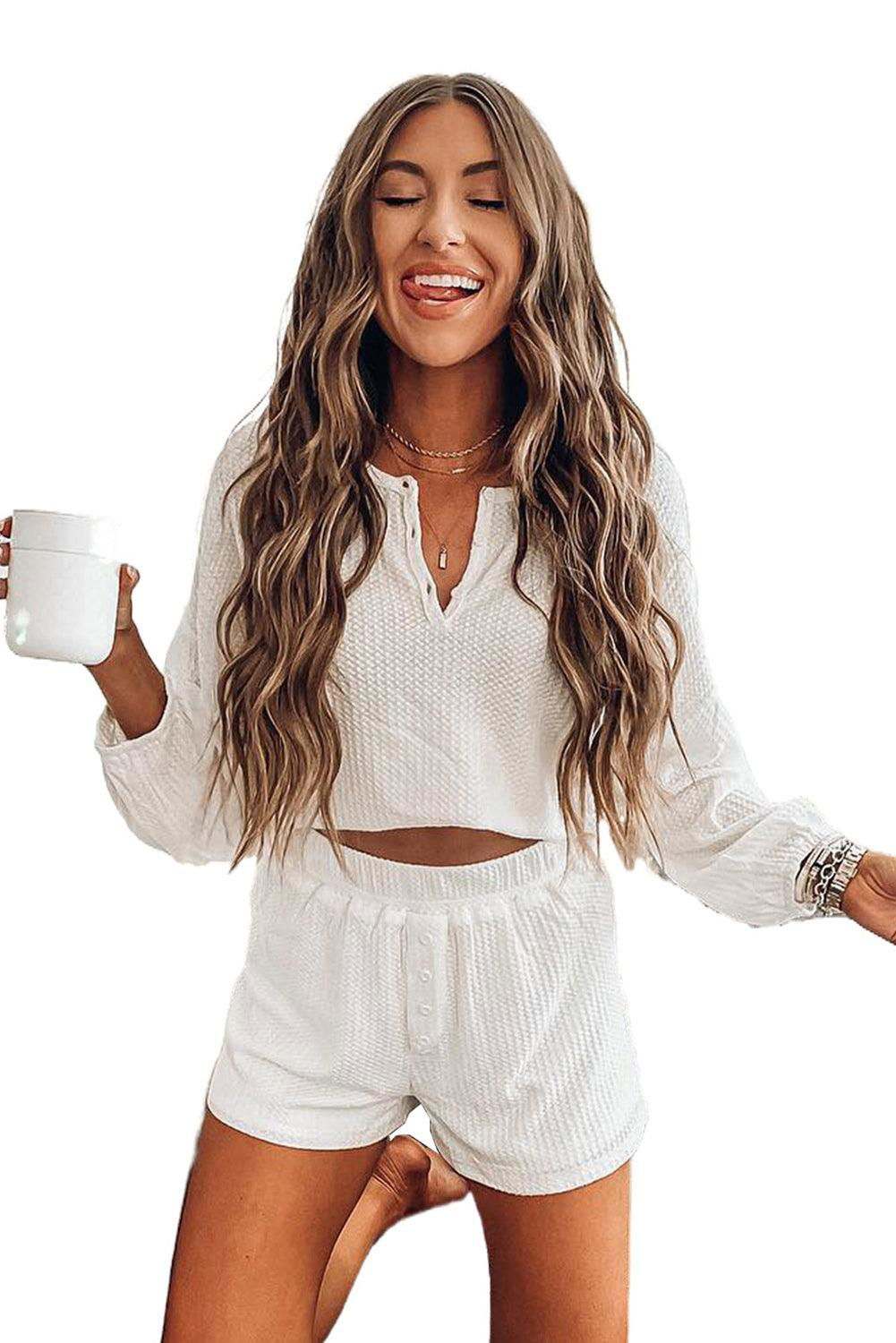 White Waffle Knit Buttoned Long Sleeve Crop & Shorts Lounge Set 