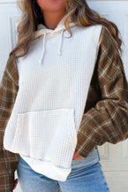 White Waffle Patch Plaid Sleeve Kangaroo Pocket Hoodie 