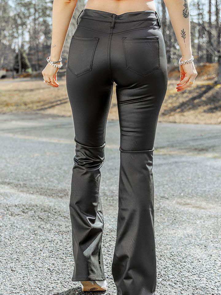 Women High Waist Pockets Buttoned Faux Leather Long Pants 