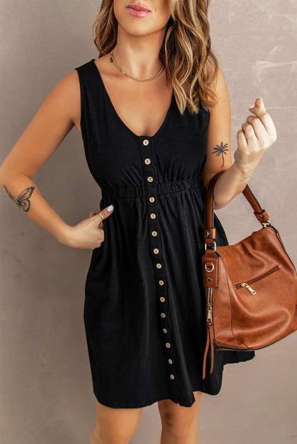 Women Summer Dress Button Front Shirred Waist Casual Tank Summer Black Dress 