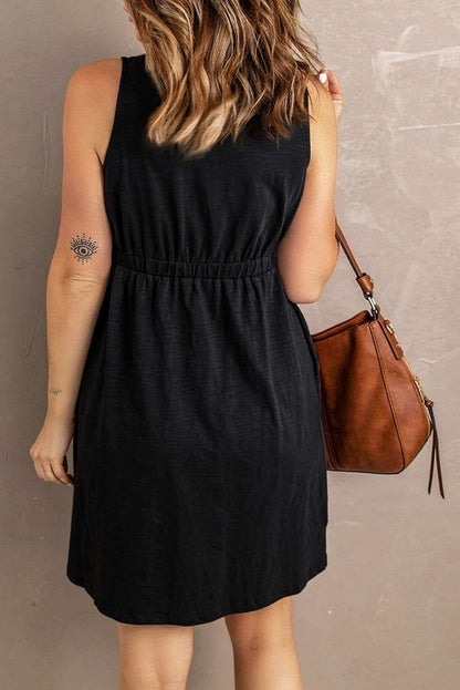 Women Summer Dress Button Front Shirred Waist Casual Tank Summer Black Dress 