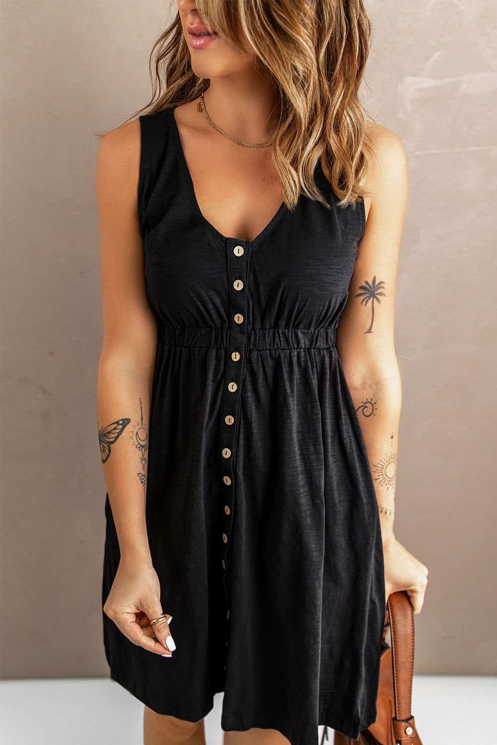 Women Summer Dress Button Front Shirred Waist Casual Tank Summer Black Dress 