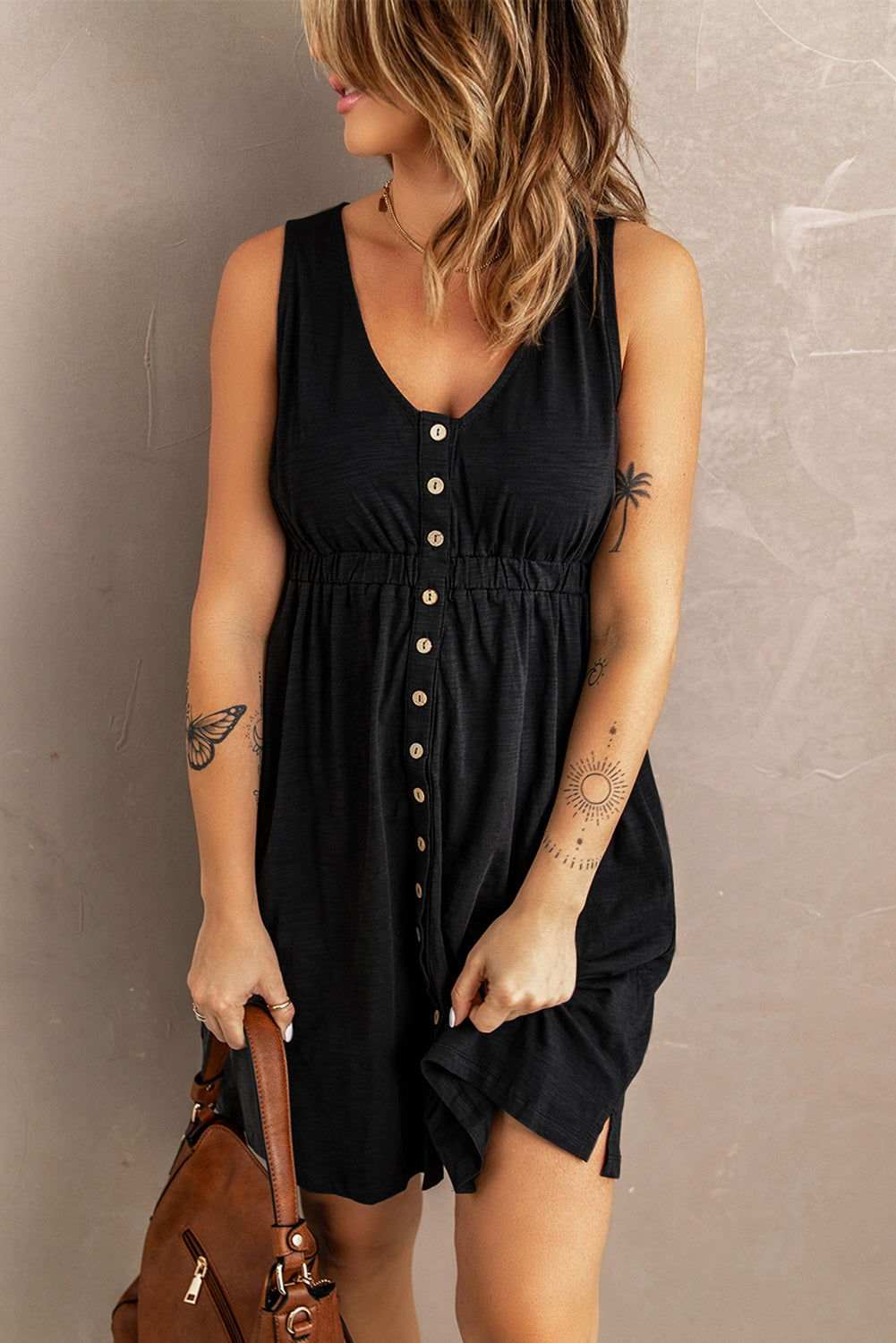 Women Summer Dress Button Front Shirred Waist Casual Tank Summer Black Dress 