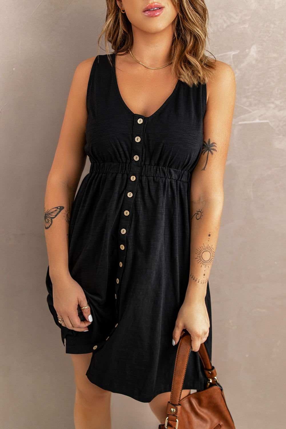 Women Summer Dress Button Front Shirred Waist Casual Tank Summer Black Dress 