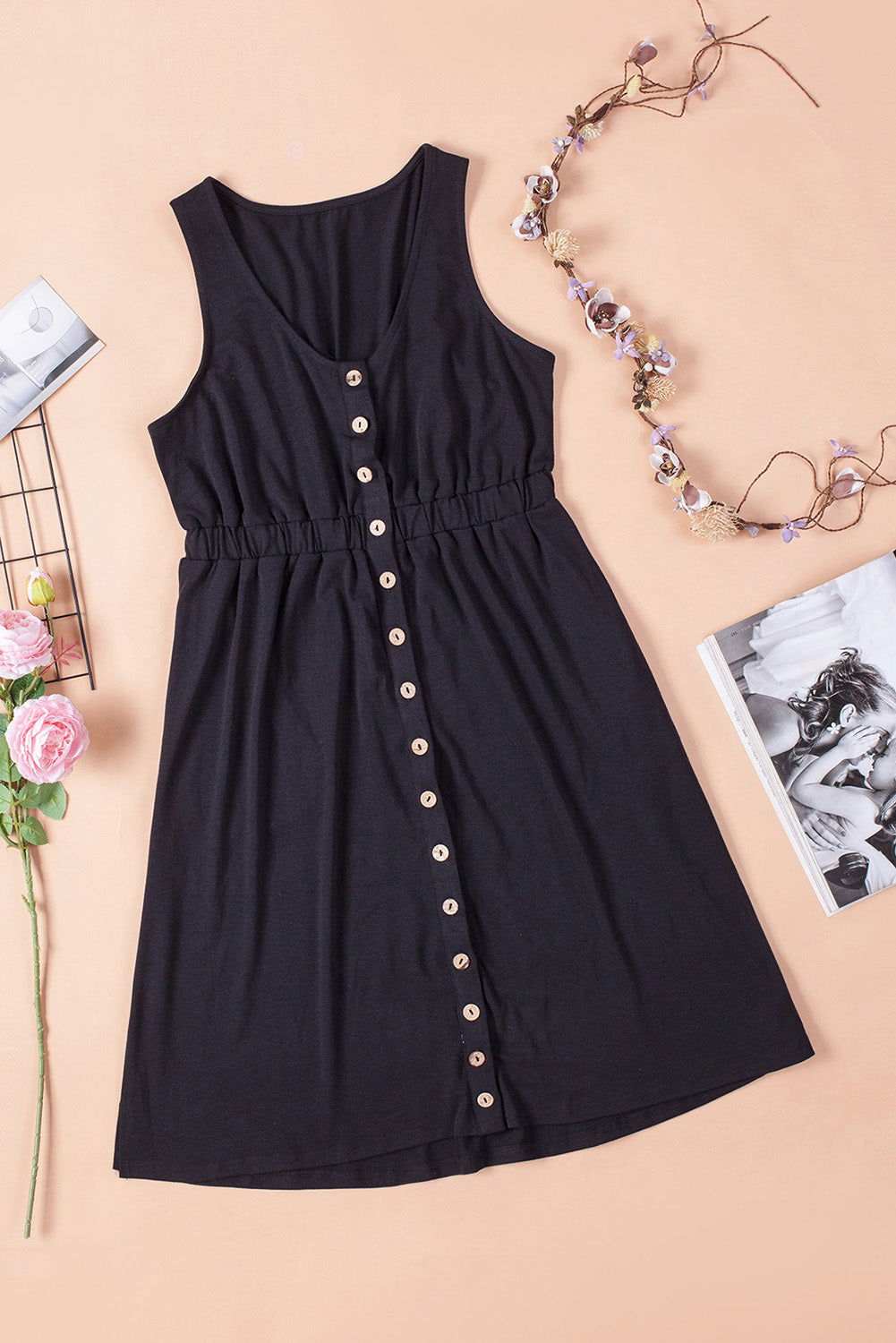 Women Summer Dress Button Front Shirred Waist Casual Tank Summer Black Dress 