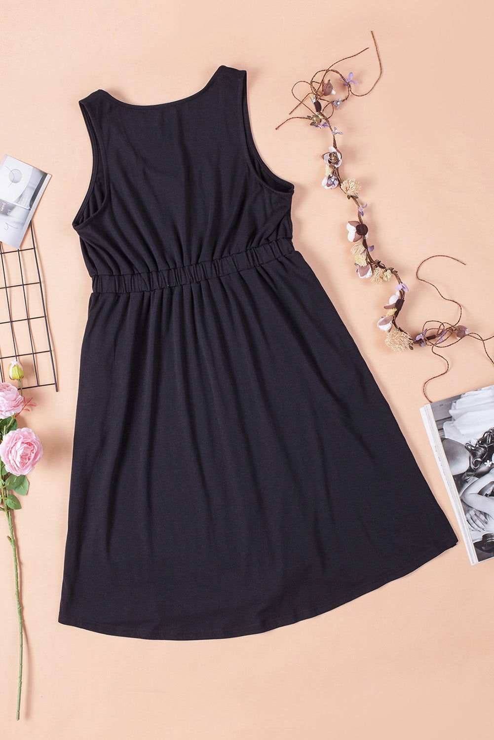 Women Summer Dress Button Front Shirred Waist Casual Tank Summer Black Dress 