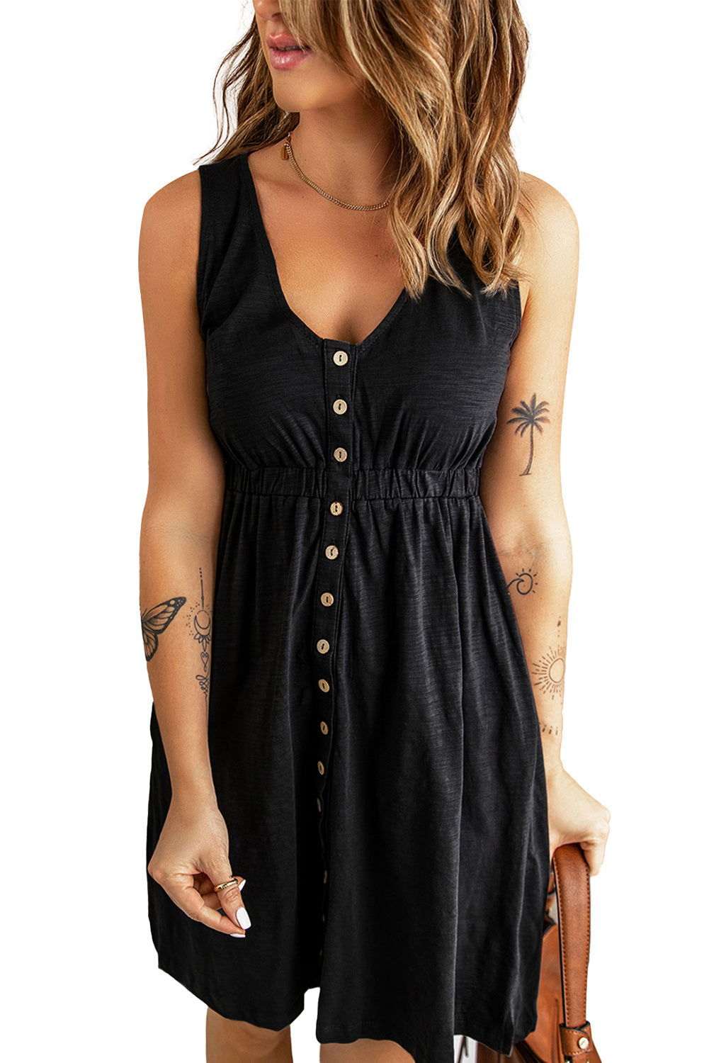 Women Summer Dress Button Front Shirred Waist Casual Tank Summer Black Dress 