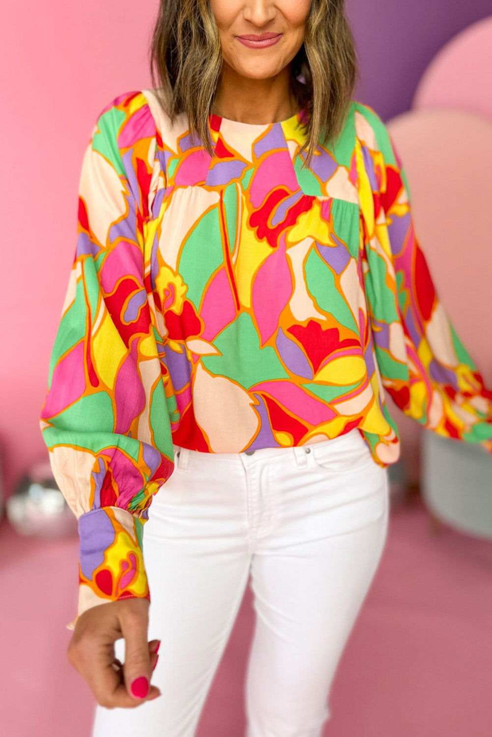 Yellow Abstract Print Puff Sleeve Blouse 