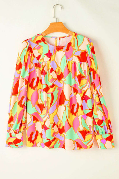 Yellow Abstract Print Puff Sleeve Blouse 