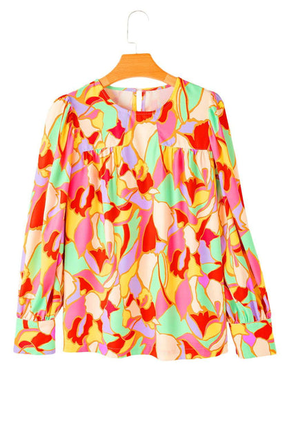 Yellow Abstract Print Puff Sleeve Blouse 