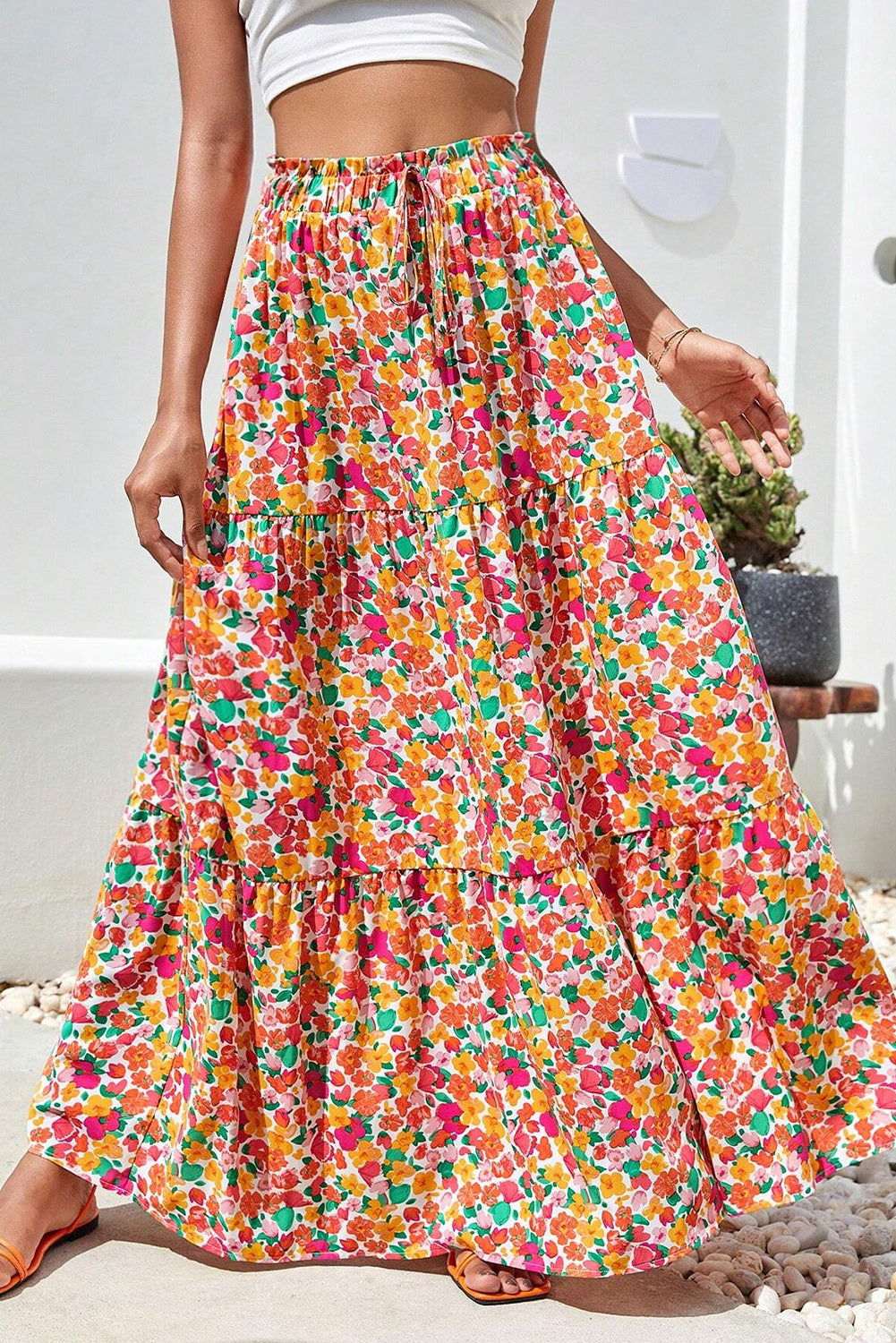 Yellow Boho Floral Print Tiered Maxi Skirt 