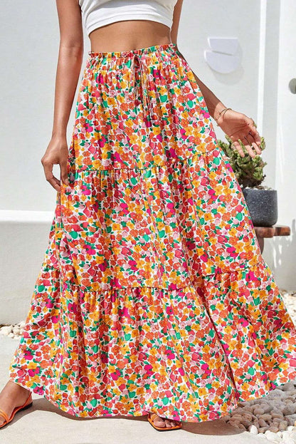 Yellow Boho Floral Print Tiered Maxi Skirt 