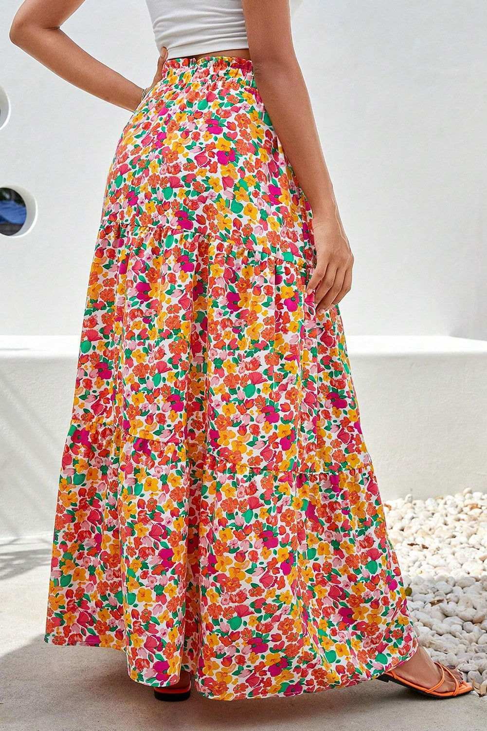 Yellow Boho Floral Print Tiered Maxi Skirt 