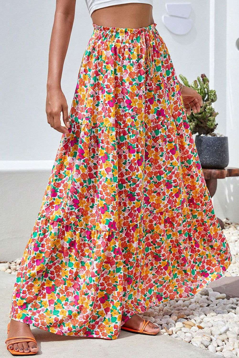 Yellow Boho Floral Print Tiered Maxi Skirt 