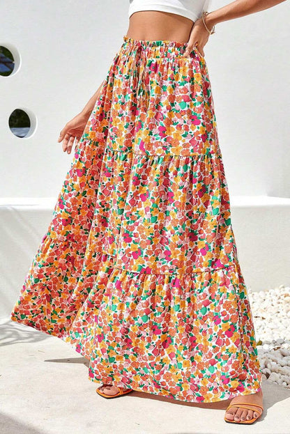 Yellow Boho Floral Print Tiered Maxi Skirt 