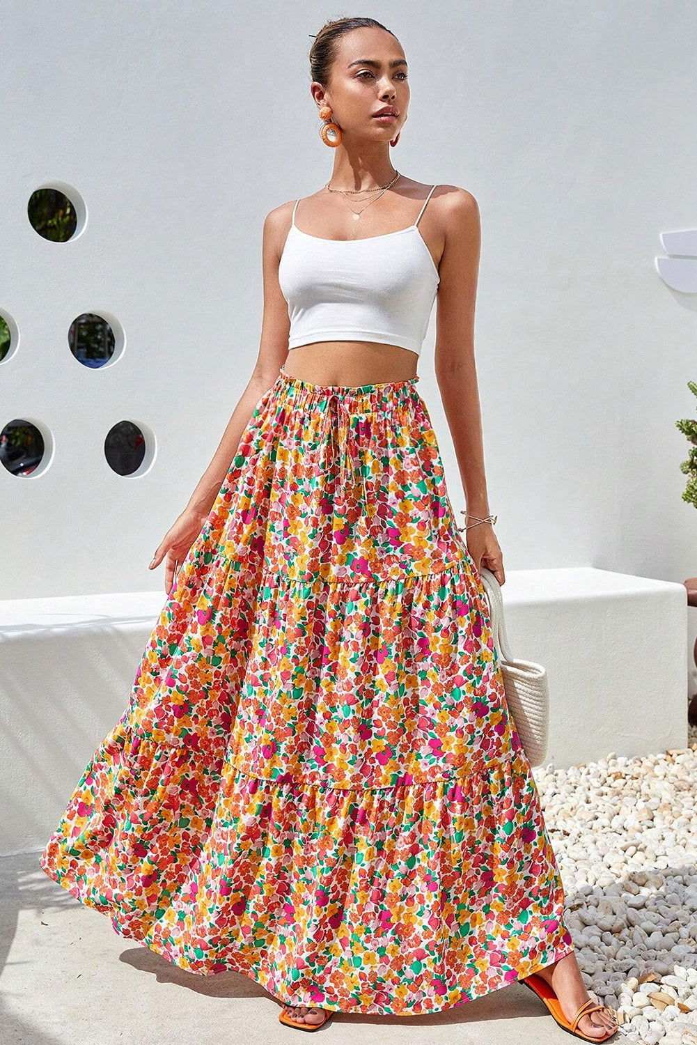 Yellow Boho Floral Print Tiered Maxi Skirt 