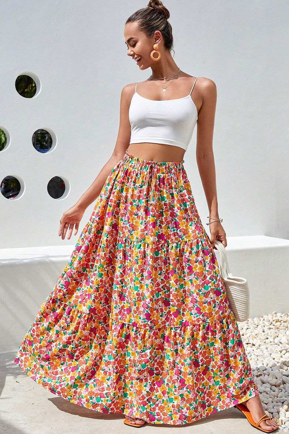 Yellow Boho Floral Print Tiered Maxi Skirt 