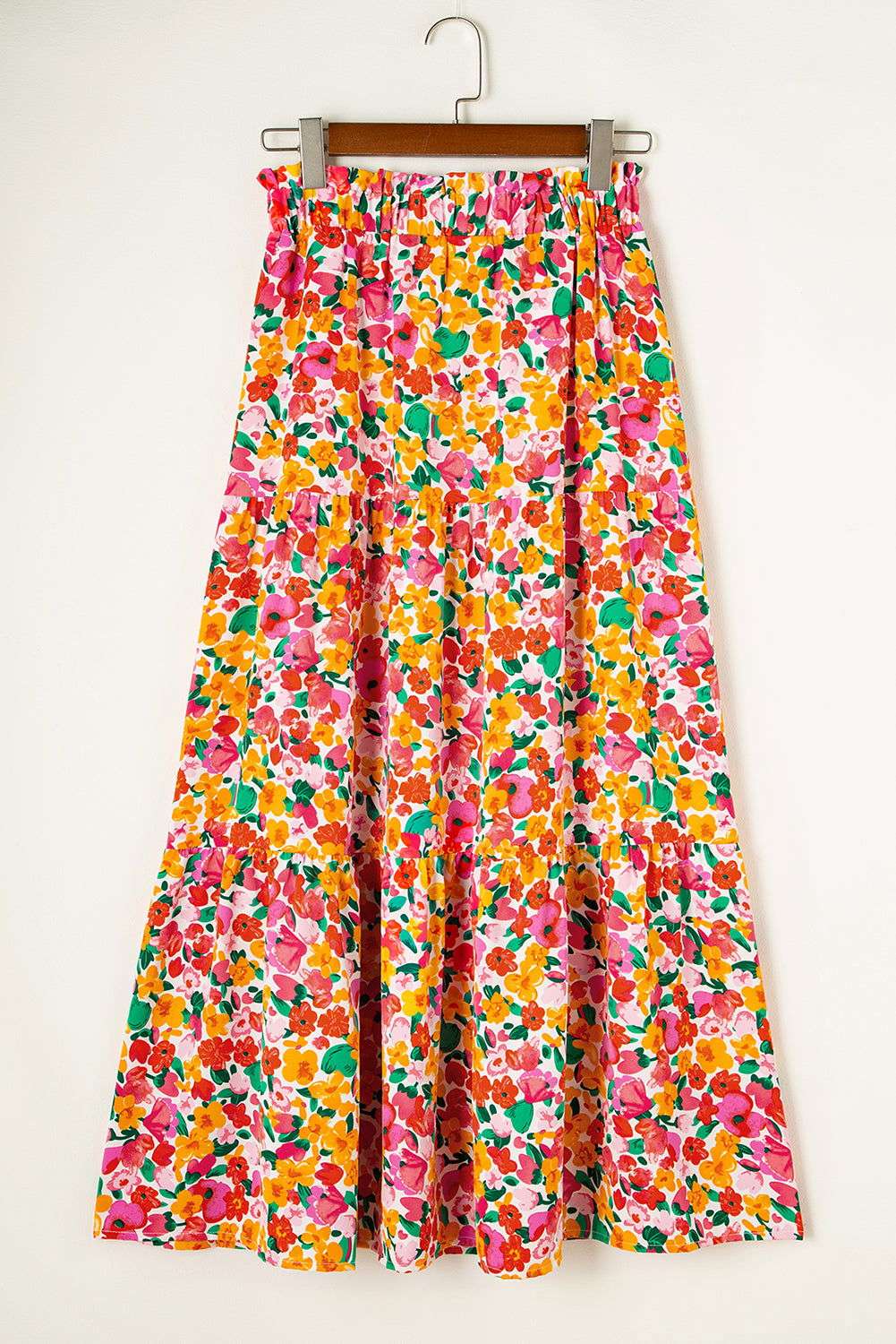 Yellow Boho Floral Print Tiered Maxi Skirt 