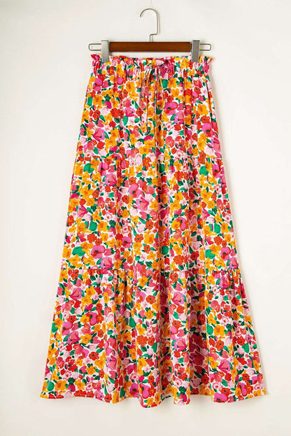 Yellow Boho Floral Print Tiered Maxi Skirt 