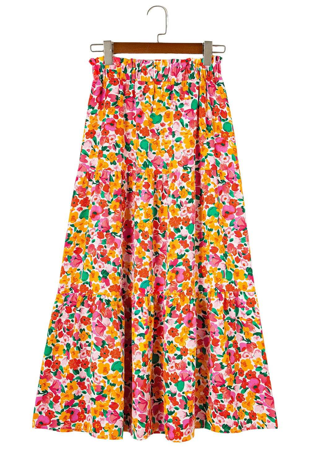 Yellow Boho Floral Print Tiered Maxi Skirt 