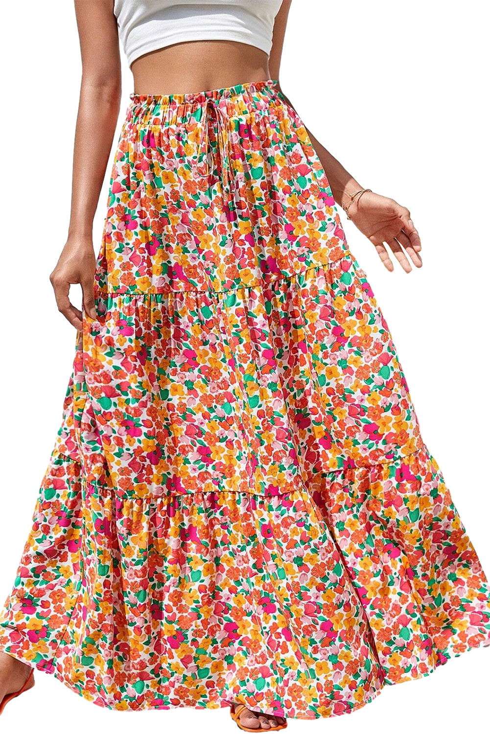 Yellow Boho Floral Print Tiered Maxi Skirt 