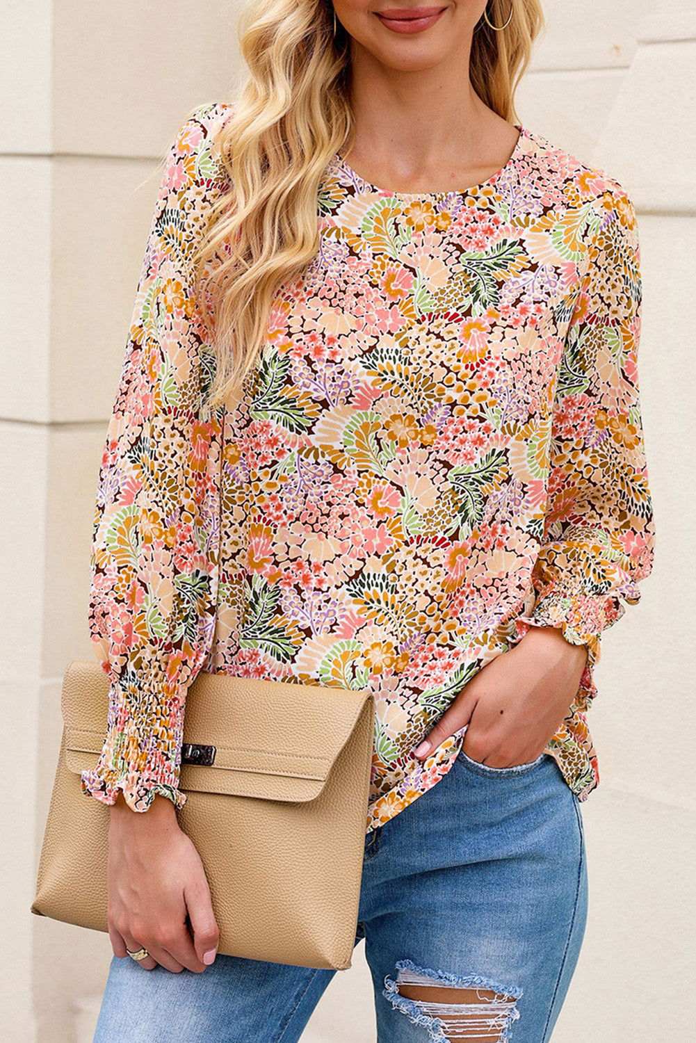 Yellow Floral Print Smocked Cuffs Long Sleeve Blouse 