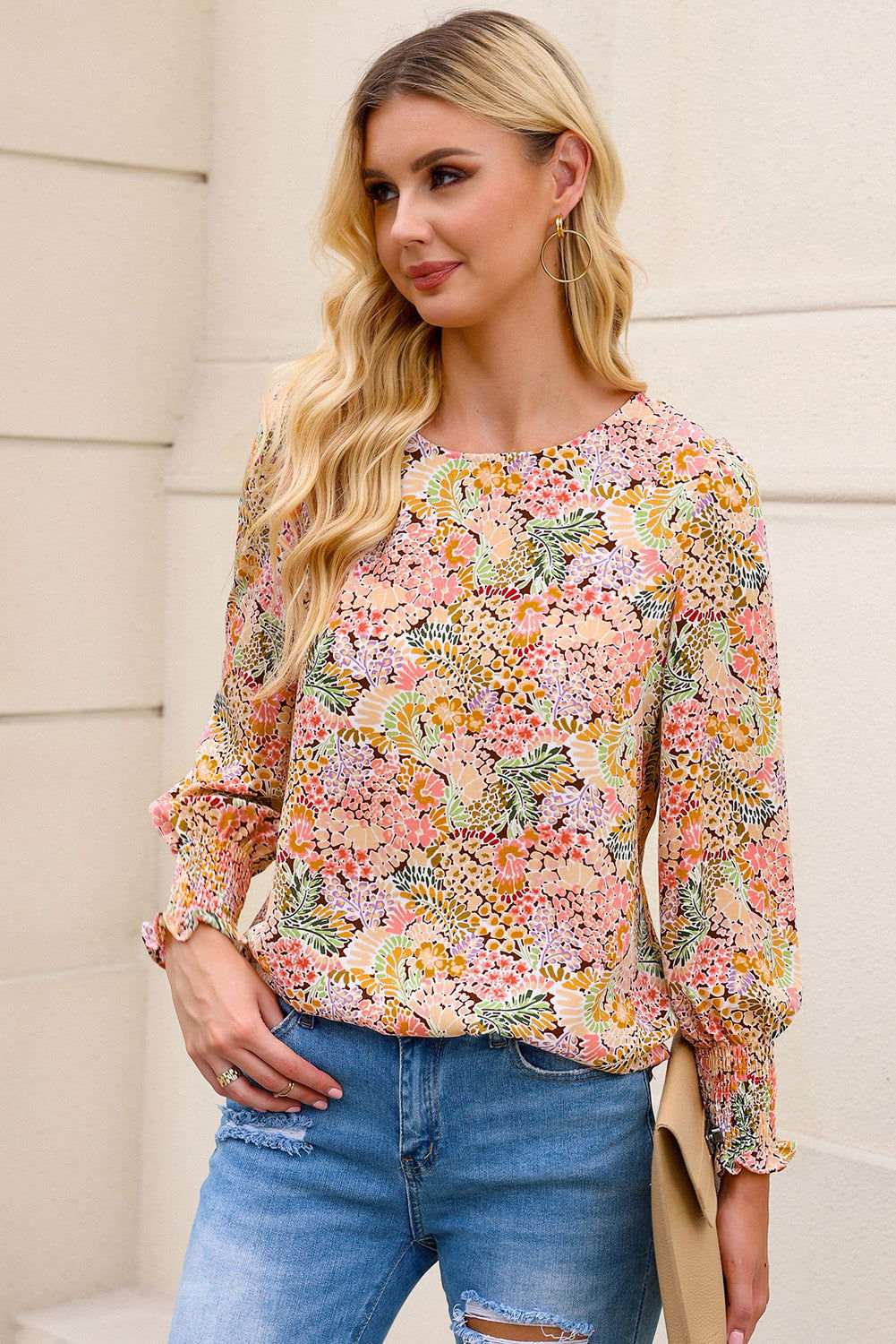 Yellow Floral Print Smocked Cuffs Long Sleeve Blouse 