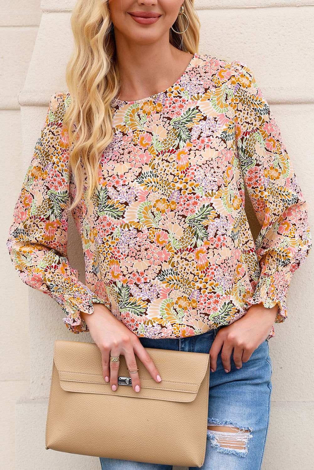 Yellow Floral Print Smocked Cuffs Long Sleeve Blouse 