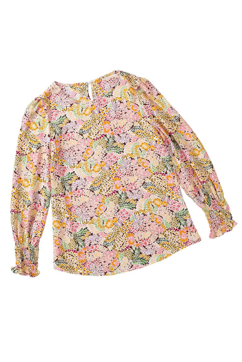 Yellow Floral Print Smocked Cuffs Long Sleeve Blouse 