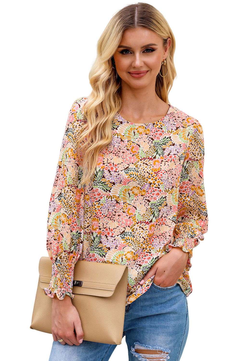 Yellow Floral Print Smocked Cuffs Long Sleeve Blouse 