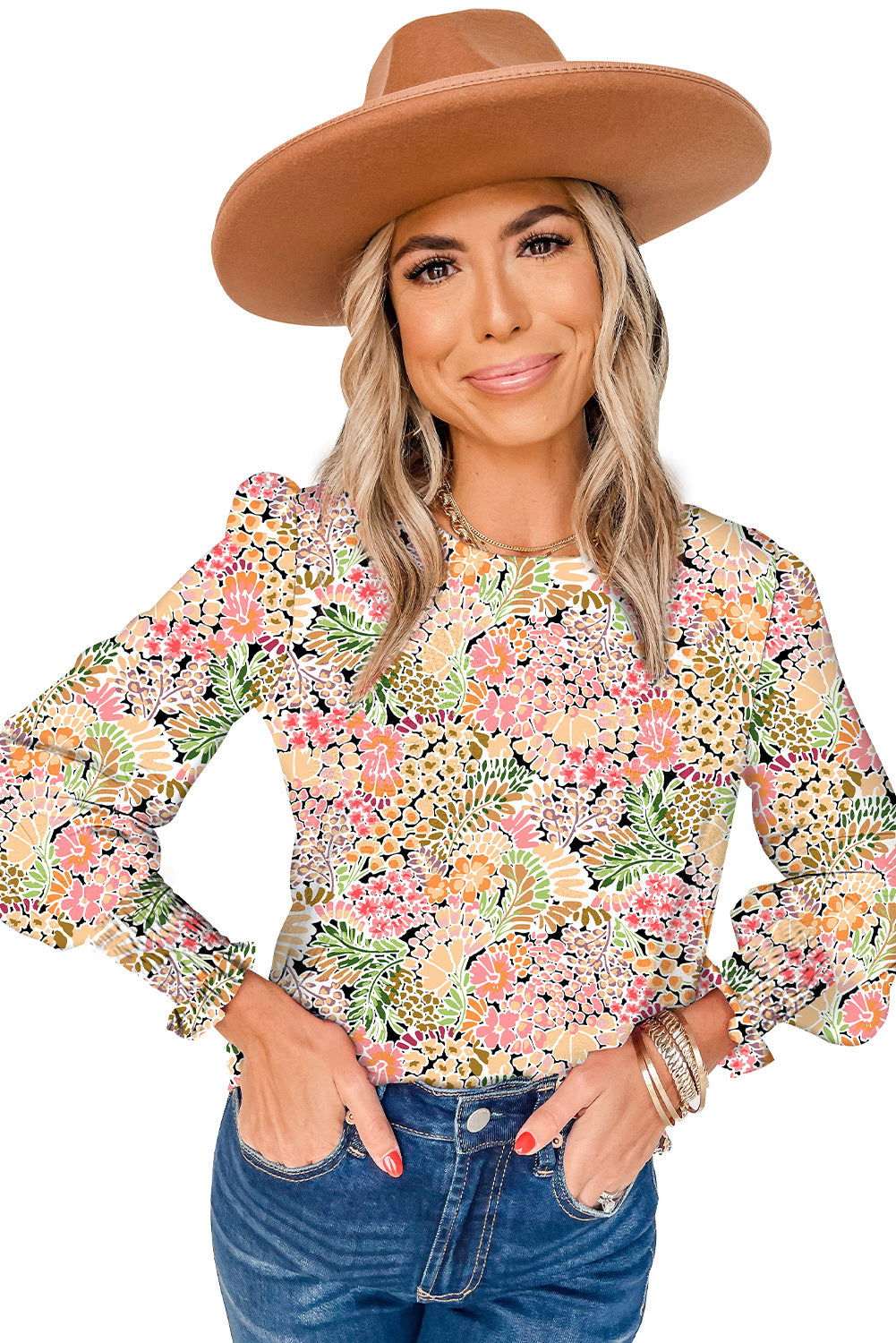 Yellow Floral Print Smocked Cuffs Long Sleeve Blouse 