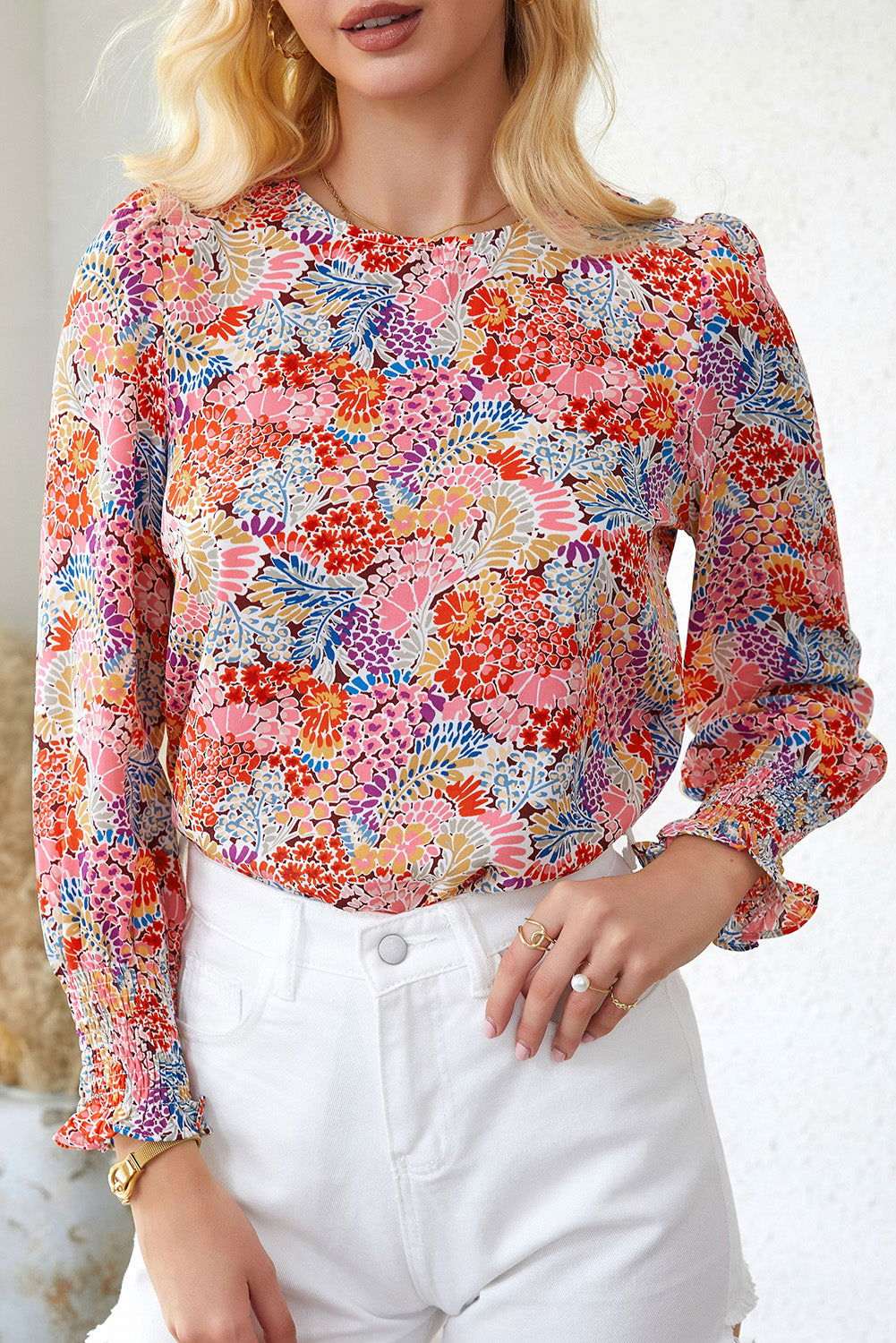 Yellow Floral Print Smocked Cuffs Long Sleeve Blouse 