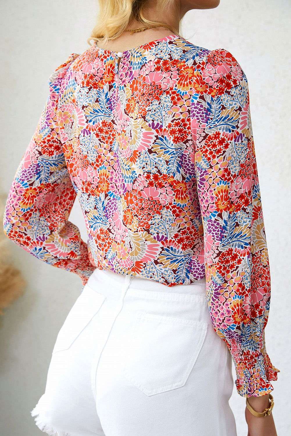 Yellow Floral Print Smocked Cuffs Long Sleeve Blouse 