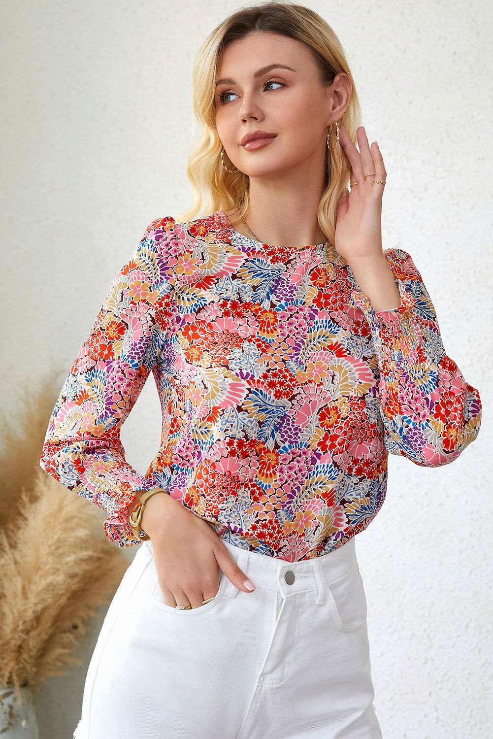 Yellow Floral Print Smocked Cuffs Long Sleeve Blouse 